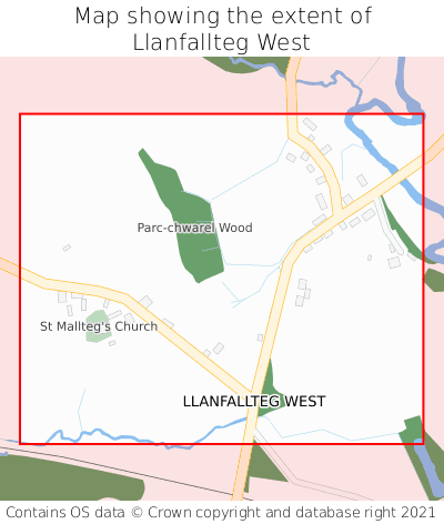 Map showing extent of Llanfallteg West as bounding box