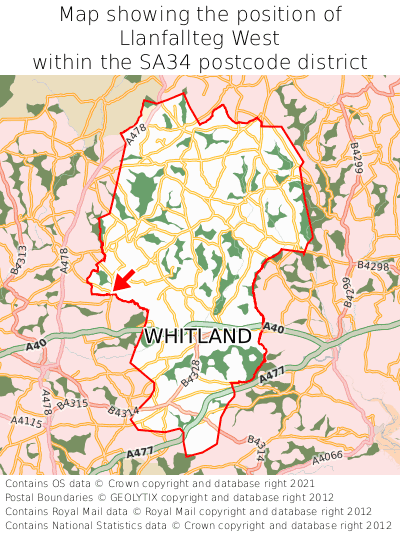 Map showing location of Llanfallteg West within SA34