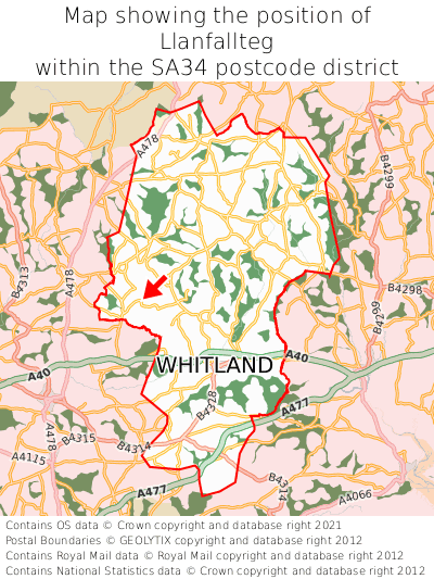 Map showing location of Llanfallteg within SA34