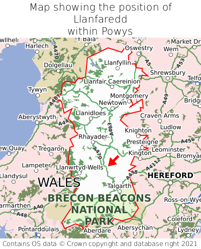 Map showing location of Llanfaredd within Powys