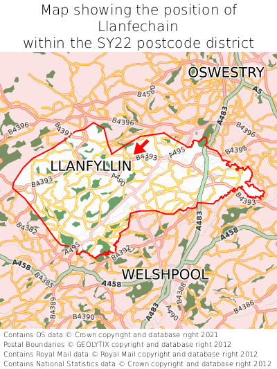 Map showing location of Llanfechain within SY22