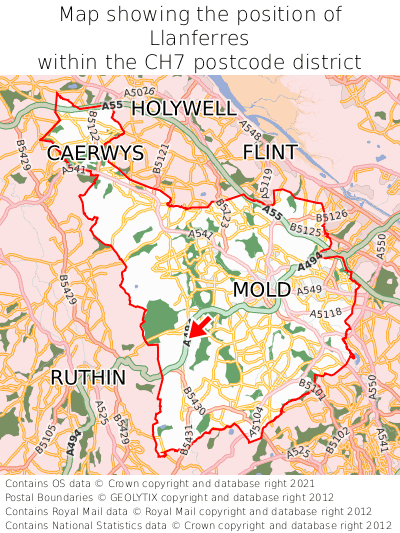 Map showing location of Llanferres within CH7