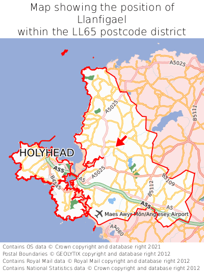 Map showing location of Llanfigael within LL65