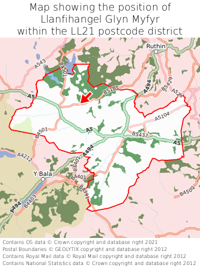 Map showing location of Llanfihangel Glyn Myfyr within LL21