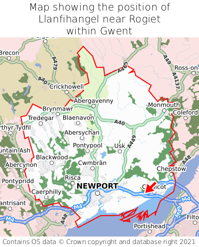 Map showing location of Llanfihangel near Rogiet within Gwent