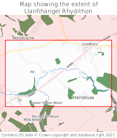Map showing extent of Llanfihangel Rhydithon as bounding box