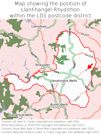 Map showing location of Llanfihangel Rhydithon within LD1