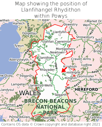 Map showing location of Llanfihangel Rhydithon within Powys