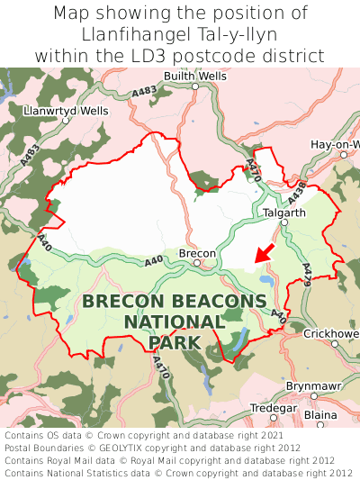 Map showing location of Llanfihangel Tal-y-llyn within LD3