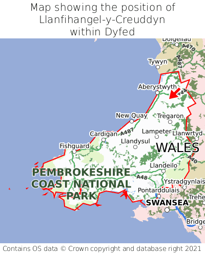 Map showing location of Llanfihangel-y-Creuddyn within Dyfed