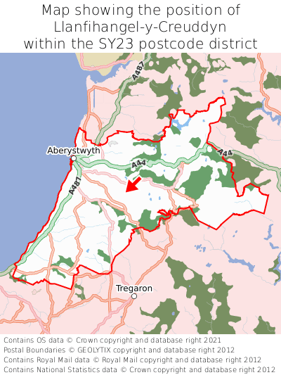 Map showing location of Llanfihangel-y-Creuddyn within SY23