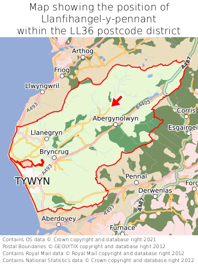 Map showing location of Llanfihangel-y-pennant within LL36