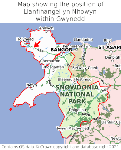Map showing location of Llanfihangel yn Nhowyn within Gwynedd