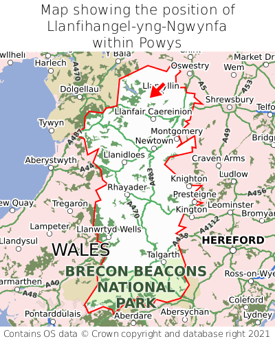 Map showing location of Llanfihangel-yng-Ngwynfa within Powys