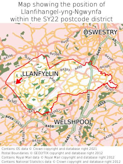Map showing location of Llanfihangel-yng-Ngwynfa within SY22