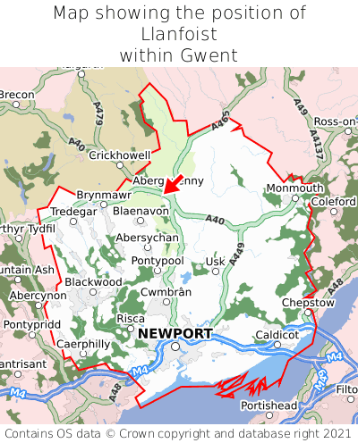 Map showing location of Llanfoist within Gwent