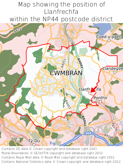 Map showing location of Llanfrechfa within NP44