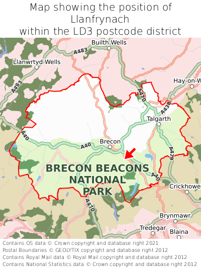 Map showing location of Llanfrynach within LD3