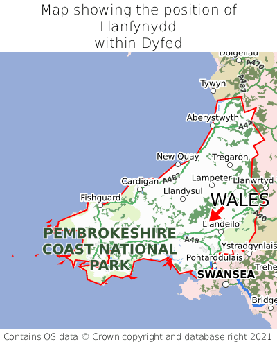 Map showing location of Llanfynydd within Dyfed