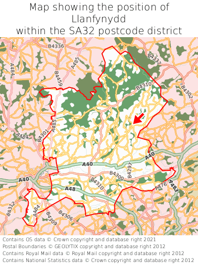 Map showing location of Llanfynydd within SA32