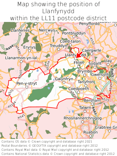 Map showing location of Llanfynydd within LL11