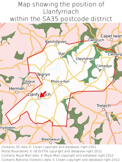 Map showing location of Llanfyrnach within SA35