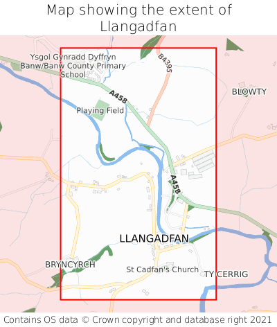 Map showing extent of Llangadfan as bounding box