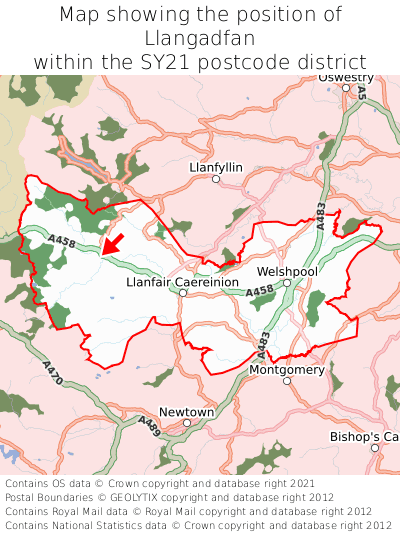 Map showing location of Llangadfan within SY21