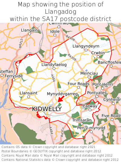 Map showing location of Llangadog within SA17