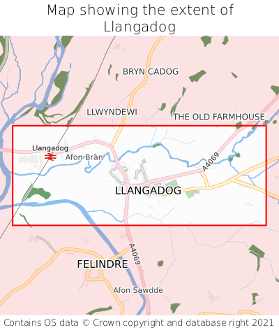Map showing extent of Llangadog as bounding box