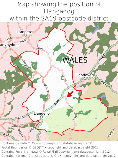 Map showing location of Llangadog within SA19