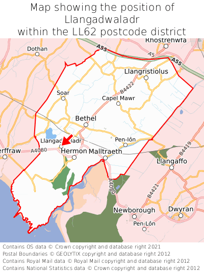 Map showing location of Llangadwaladr within LL62