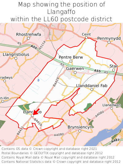 Map showing location of Llangaffo within LL60