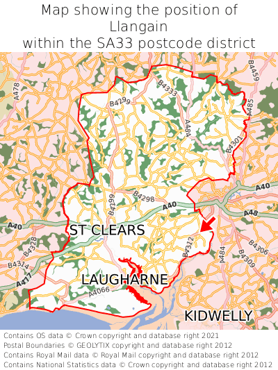 Map showing location of Llangain within SA33