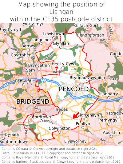 Map showing location of Llangan within CF35