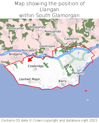 Map showing location of Llangan within South Glamorgan