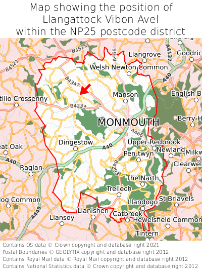 Map showing location of Llangattock-Vibon-Avel within NP25