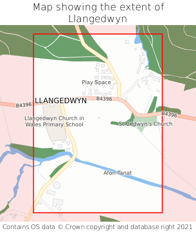 Map showing extent of Llangedwyn as bounding box