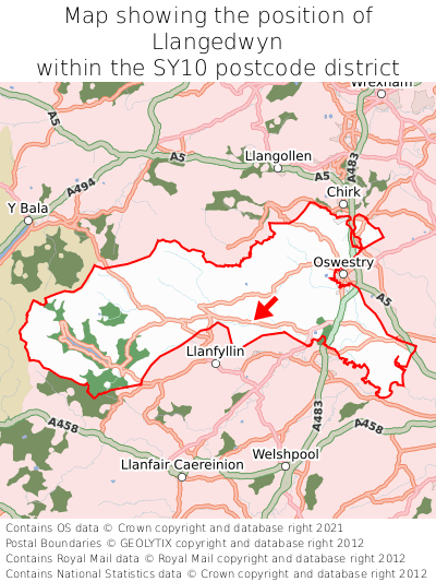 Map showing location of Llangedwyn within SY10