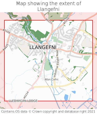 Map showing extent of Llangefni as bounding box