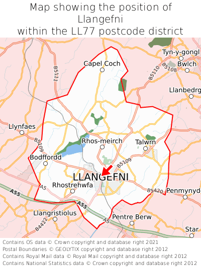 Map showing location of Llangefni within LL77