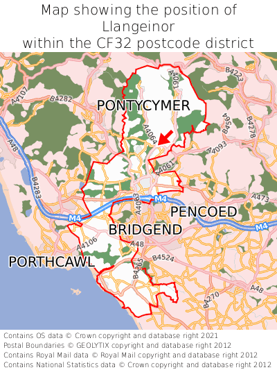 Map showing location of Llangeinor within CF32