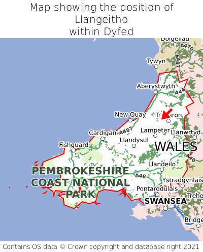 Map showing location of Llangeitho within Dyfed