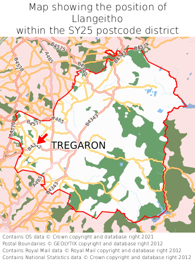 Map showing location of Llangeitho within SY25