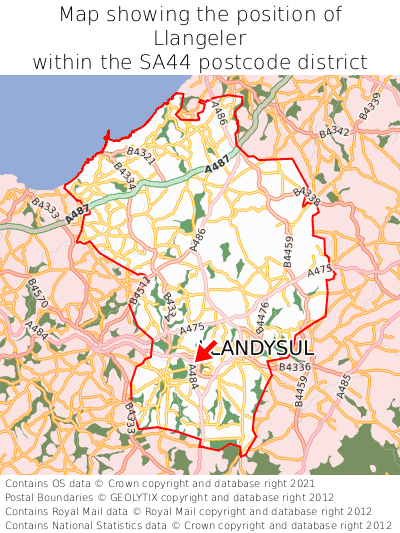 Map showing location of Llangeler within SA44