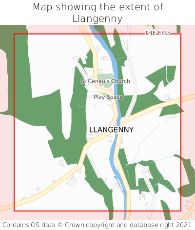 Map showing extent of Llangenny as bounding box