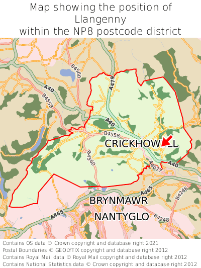 Map showing location of Llangenny within NP8