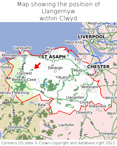 Map showing location of Llangernyw within Clwyd
