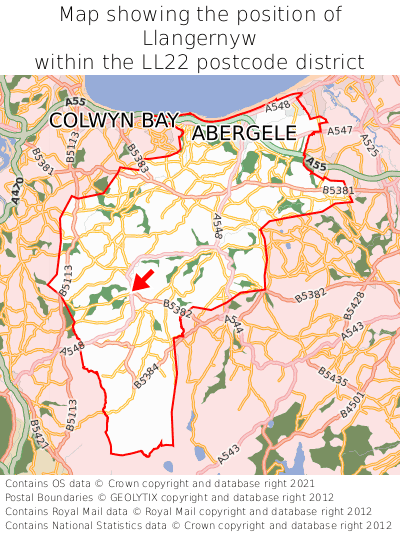 Map showing location of Llangernyw within LL22
