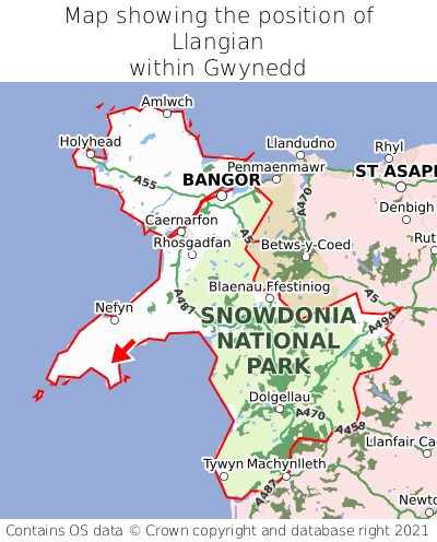 Map showing location of Llangian within Gwynedd